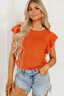 Fashion Dear-Lover Contrast Trim Ruffle Sleeve Knitted Top Russet Orange