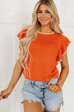 Fashion Dear-Lover Contrast Trim Ruffle Sleeve Knitted Top Russet Orange