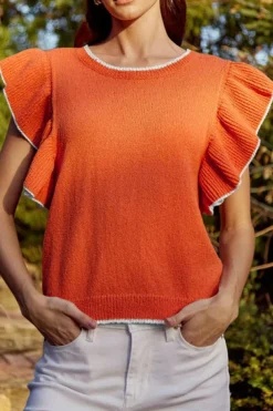 Fashion Dear-Lover Contrast Trim Ruffle Sleeve Knitted Top Russet Orange