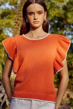 Fashion Dear-Lover Contrast Trim Ruffle Sleeve Knitted Top Russet Orange