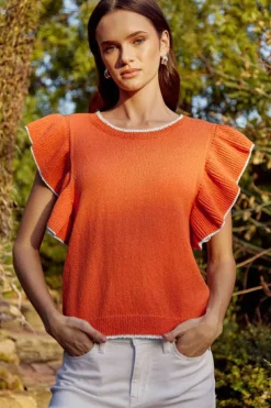 Fashion Dear-Lover Contrast Trim Ruffle Sleeve Knitted Top Russet Orange