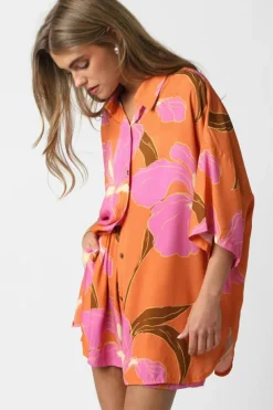 Online Dear-Lover Floral Print Tunic Shirt and Shorts Set Russet Orange