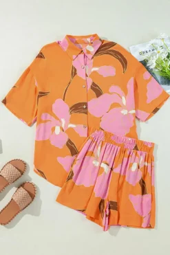 Online Dear-Lover Floral Print Tunic Shirt and Shorts Set Russet Orange