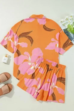 Online Dear-Lover Floral Print Tunic Shirt and Shorts Set Russet Orange