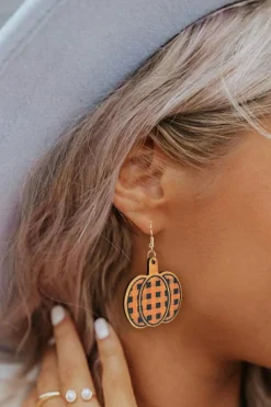 Discount Dear-Lover Plaid Print Pumpkin Shape Halloween Drop Earrings Russet Orange
