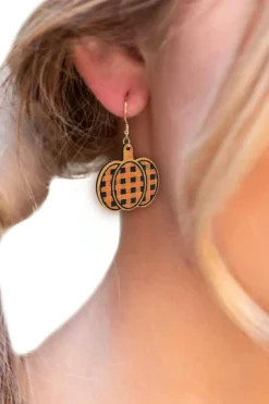 Discount Dear-Lover Plaid Print Pumpkin Shape Halloween Drop Earrings Russet Orange