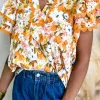 Sale Dear-Lover Ruffled V Neck Scalloped Short Sleeve Floral Blouse Russet Orange