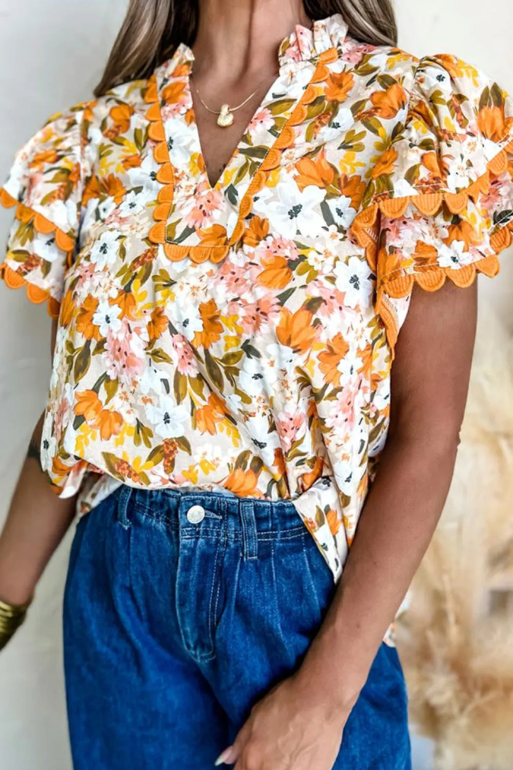 Sale Dear-Lover Ruffled V Neck Scalloped Short Sleeve Floral Blouse Russet Orange