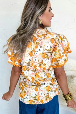 Sale Dear-Lover Ruffled V Neck Scalloped Short Sleeve Floral Blouse Russet Orange