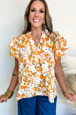 Sale Dear-Lover Ruffled V Neck Scalloped Short Sleeve Floral Blouse Russet Orange