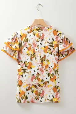 Sale Dear-Lover Ruffled V Neck Scalloped Short Sleeve Floral Blouse Russet Orange