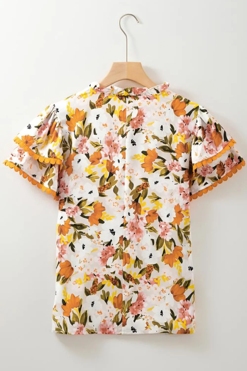 Sale Dear-Lover Ruffled V Neck Scalloped Short Sleeve Floral Blouse Russet Orange