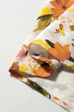 Sale Dear-Lover Ruffled V Neck Scalloped Short Sleeve Floral Blouse Russet Orange