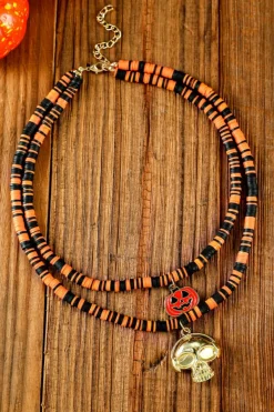 Sale Dear-Lover Skull Pumpkin Face Pendant Layered Beaded Halloween Necklace Russet Orange