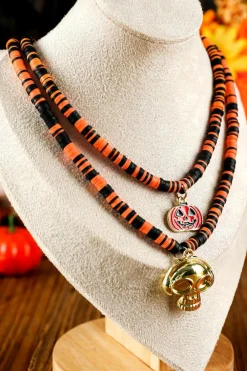 Sale Dear-Lover Skull Pumpkin Face Pendant Layered Beaded Halloween Necklace Russet Orange