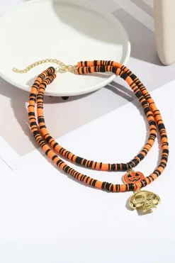 Sale Dear-Lover Skull Pumpkin Face Pendant Layered Beaded Halloween Necklace Russet Orange