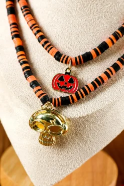 Sale Dear-Lover Skull Pumpkin Face Pendant Layered Beaded Halloween Necklace Russet Orange