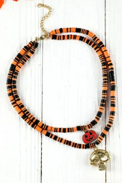 Sale Dear-Lover Skull Pumpkin Face Pendant Layered Beaded Halloween Necklace Russet Orange