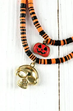 Sale Dear-Lover Skull Pumpkin Face Pendant Layered Beaded Halloween Necklace Russet Orange