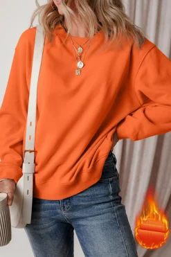 Outlet Dear-Lover Solid Fleece Lined Drop Shoulder Terry Sweatshirt Russet Orange