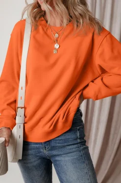 Outlet Dear-Lover Solid Fleece Lined Drop Shoulder Terry Sweatshirt Russet Orange