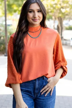 Best Dear-Lover Swiss Dot Balloon Sleeve Loose Blouse Russet Orange
