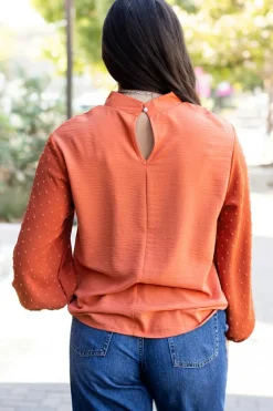 Best Dear-Lover Swiss Dot Balloon Sleeve Loose Blouse Russet Orange