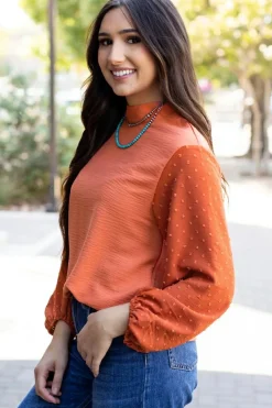 Best Dear-Lover Swiss Dot Balloon Sleeve Loose Blouse Russet Orange
