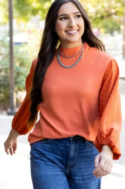 Best Dear-Lover Swiss Dot Balloon Sleeve Loose Blouse Russet Orange