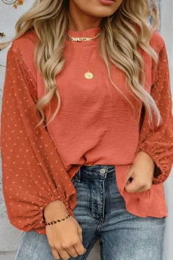 Best Dear-Lover Swiss Dot Balloon Sleeve Loose Blouse Russet Orange