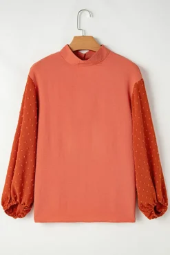 Best Dear-Lover Swiss Dot Balloon Sleeve Loose Blouse Russet Orange