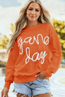 Online Dear-Lover Tinsel Game Day Drop Shoulder Graphic Sweatshirt Russet Orange