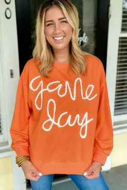 Online Dear-Lover Tinsel Game Day Drop Shoulder Graphic Sweatshirt Russet Orange