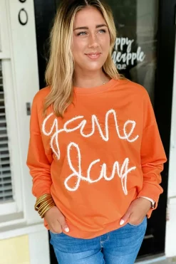 Online Dear-Lover Tinsel Game Day Drop Shoulder Graphic Sweatshirt Russet Orange