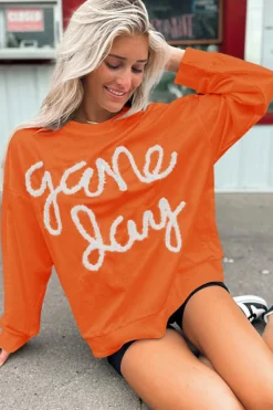 Online Dear-Lover Tinsel Game Day Drop Shoulder Graphic Sweatshirt Russet Orange
