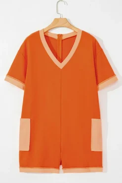 Online Dear-Lover Two-tone Short Sleeve V Neck Patched Pocket Loose Romper Russet Orange