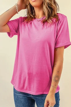Best Dear-Lover Bright Casual Plain Crew Neck Tee Sachet Pink