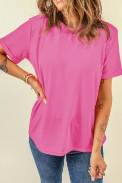 Best Dear-Lover Bright Casual Plain Crew Neck Tee Sachet Pink