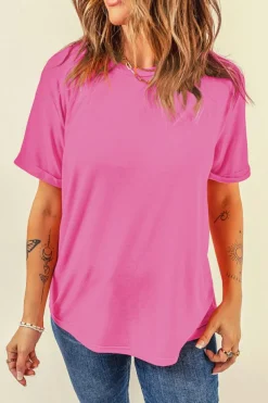 Best Dear-Lover Bright Casual Plain Crew Neck Tee Sachet Pink