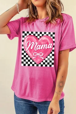New Dear-Lover Checkered Heart Pattern mama Bow Graphic Tee Sachet Pink