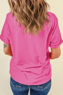 New Dear-Lover Checkered Heart Pattern mama Bow Graphic Tee Sachet Pink