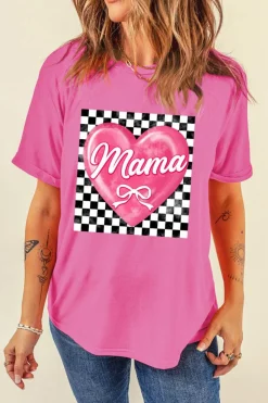 New Dear-Lover Checkered Heart Pattern mama Bow Graphic Tee Sachet Pink