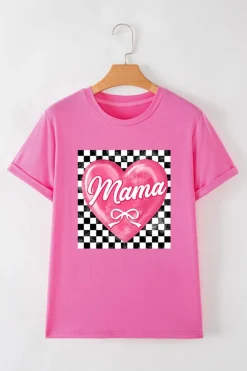 New Dear-Lover Checkered Heart Pattern mama Bow Graphic Tee Sachet Pink
