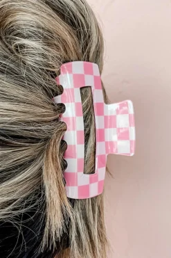 Best Dear-Lover Checkered Print Hollow Out Hair Clip Sachet Pink