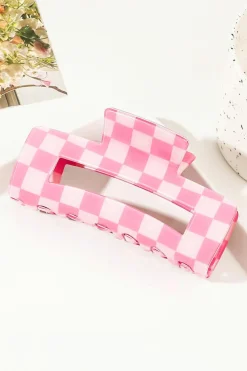 Best Dear-Lover Checkered Print Hollow Out Hair Clip Sachet Pink