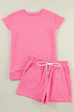Online Dear-Lover Checkered Textured Tee and Drawstring Shorts Sachet Pink
