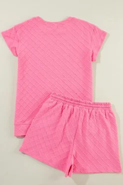 Online Dear-Lover Checkered Textured Tee and Drawstring Shorts Sachet Pink
