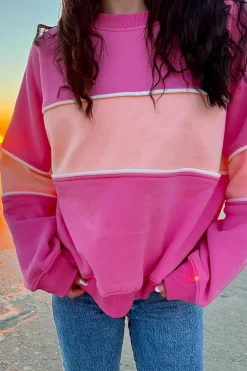 Online Dear-Lover Colorblock Patchwork Drop Shoulder Ribbed Trim Sweatshirt Sachet Pink