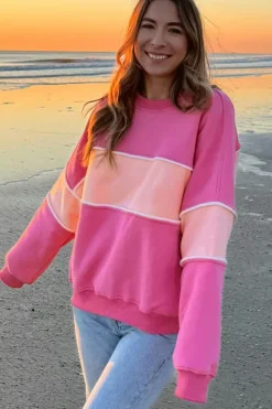 Online Dear-Lover Colorblock Patchwork Drop Shoulder Ribbed Trim Sweatshirt Sachet Pink