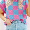 Sale Dear-Lover Colorblock Plaid Pattern Ribbed Trim Sweater Tank Top Sachet Pink